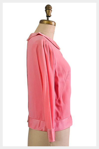 1960s Pink Faille Blouse – Vintage Rhinestone Button Top, Peter Pan Collar