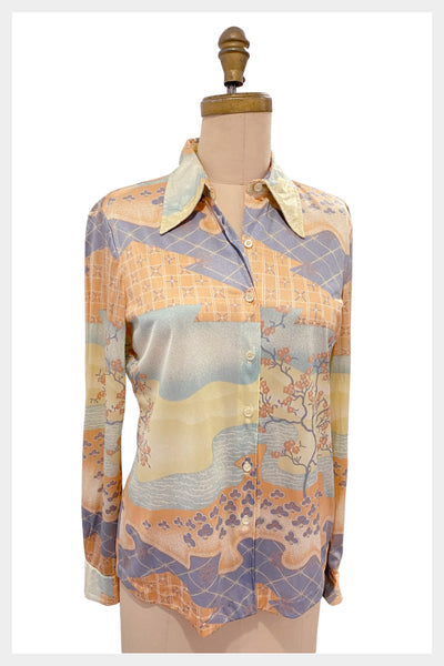 1970s top Intuitions by Kathy Manning boho vibe nylon shirt | Size S - M