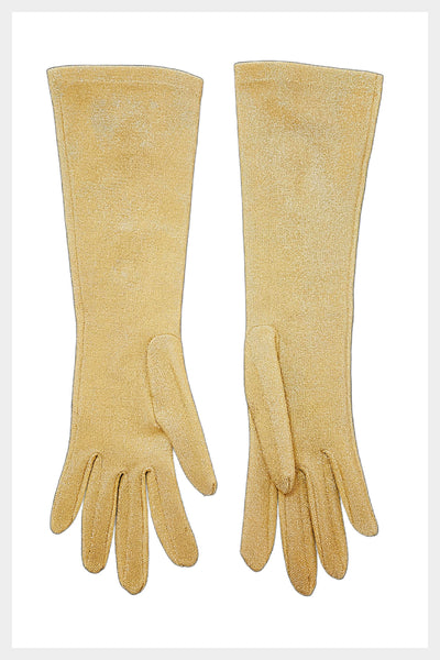 1960s gold lurex blend sparkly stretchy Marilyn style gloves | 60s formal opera evening cocktail long 14" gold gloves | small to medium