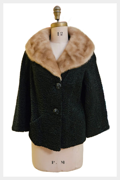 1960s black Persian lamb coat with mink fur collar | large