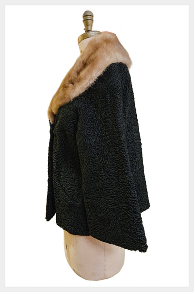 1960s black Persian lamb coat with mink fur collar | large