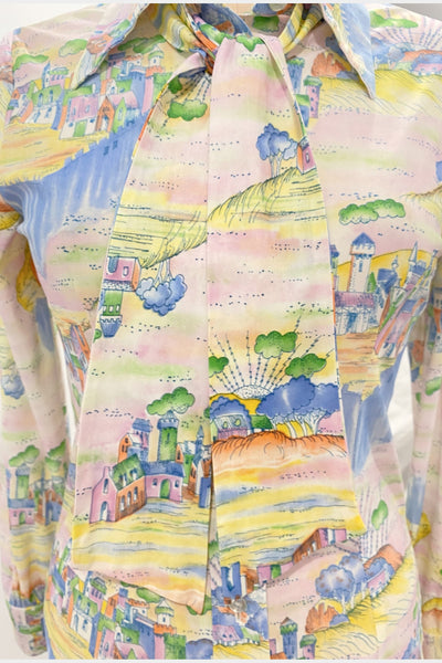 1970s top set 3 pces in a pastel novelty print includes  top, shirt & tie | Size Small