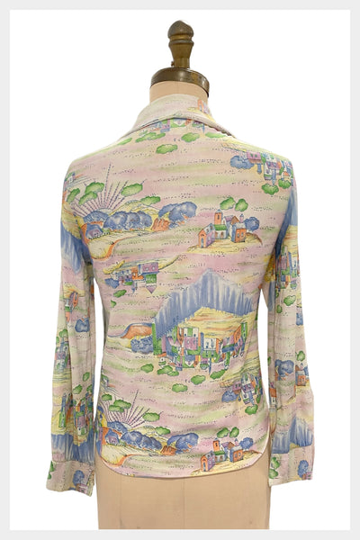 1970s top set 3 pces in a pastel novelty print includes  top, shirt & tie | Size Small