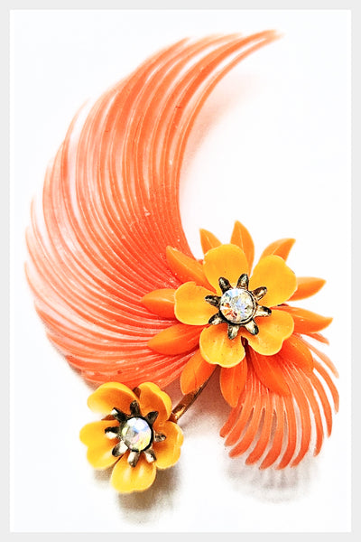 1950s "Coro" signed plastic orange floral clip on earrings w rhinestone centers