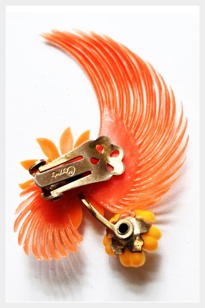1950s "Coro" signed plastic orange floral clip on earrings w rhinestone centers