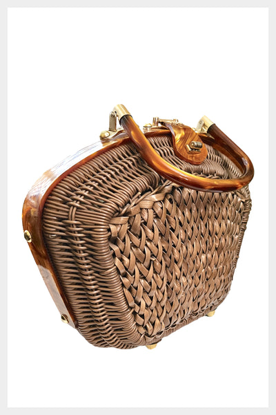 1950s mocha plastic wicker purse accented with caramel lucite and brass tone hardware | made in Honk Kong handbag