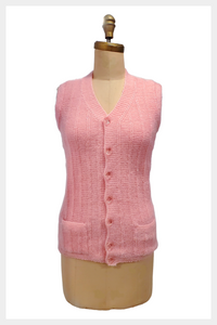 Bubble Gum Pink | 1960s hand knitted button front pink vest | small