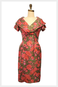 1950s Algo Original floral silk wiggle dress with shawl collar | medium