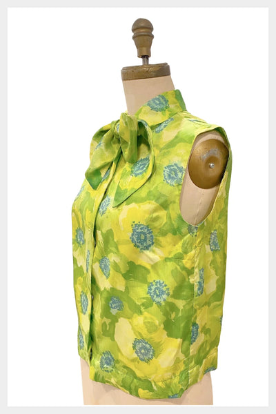 1960s green and blue floral blouse with pussy bow | small
