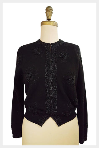 1950s black lambswool cardigan with beaded flowers | medium