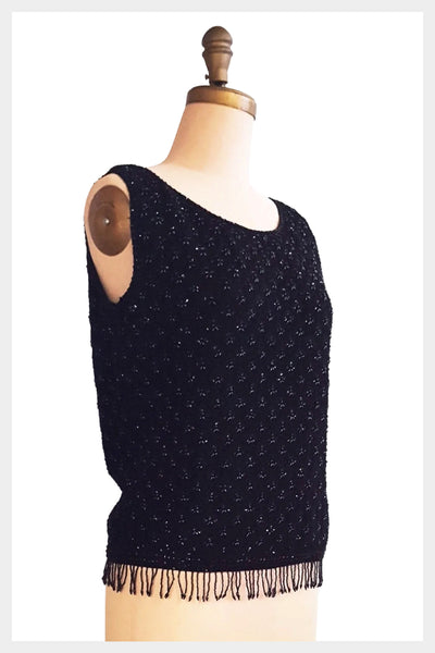 1960s sleeveless black wool beaded sweater | New Old Stock | medium