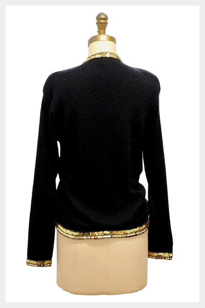 Get your party on! | 1980s black sweater with gold sequin design | medium