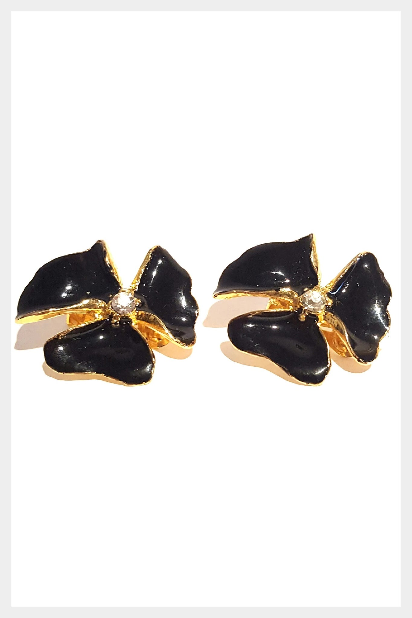 1960s black enamel floral rhinestone centre clip on earrings