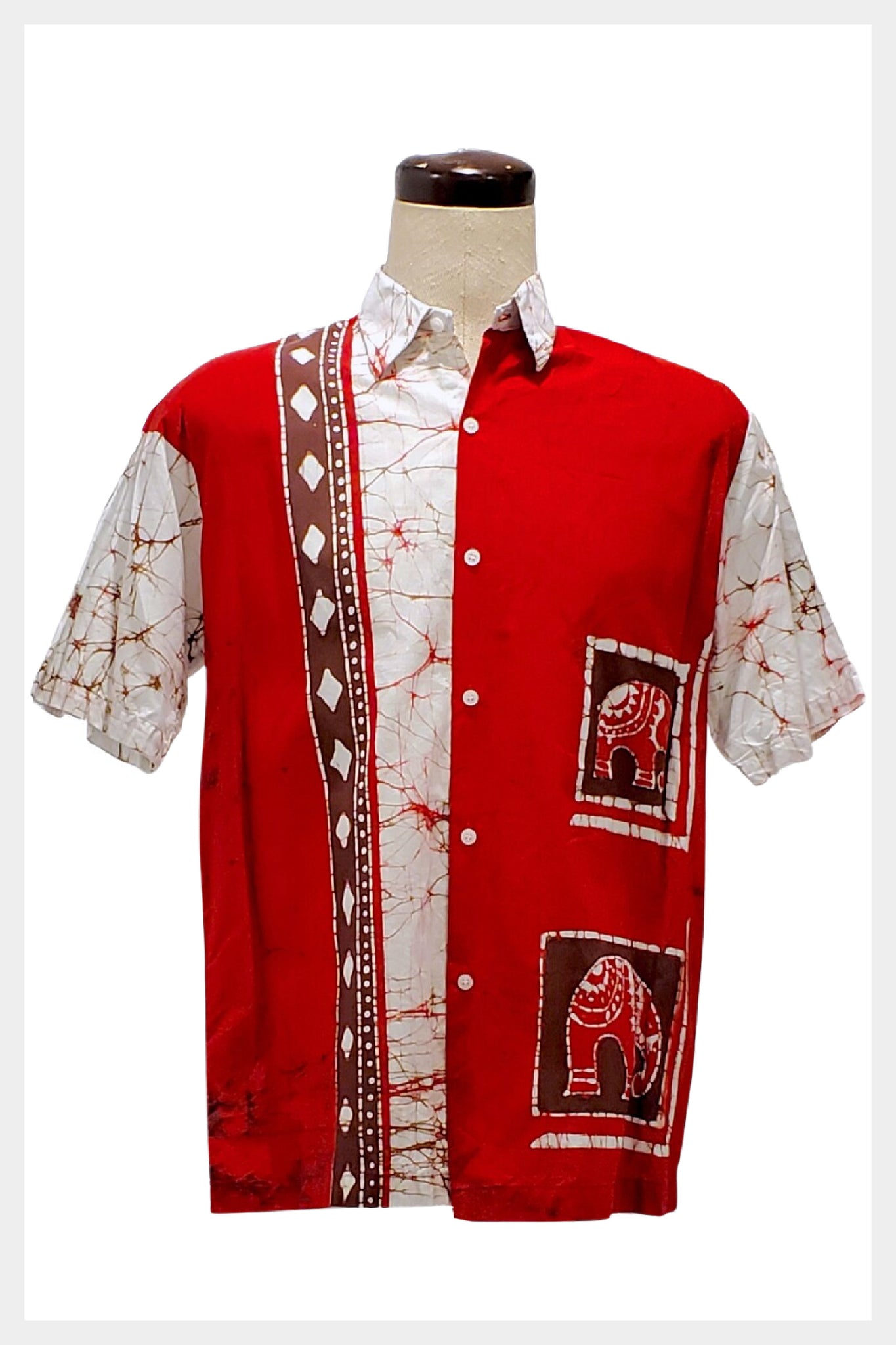 1980s white and red batik elephant Thailand Indonesia shirt | large