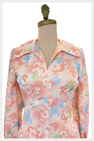 Vintage 1970s pastel peach floral dress | summer wear to work office appropriate dress | size medium