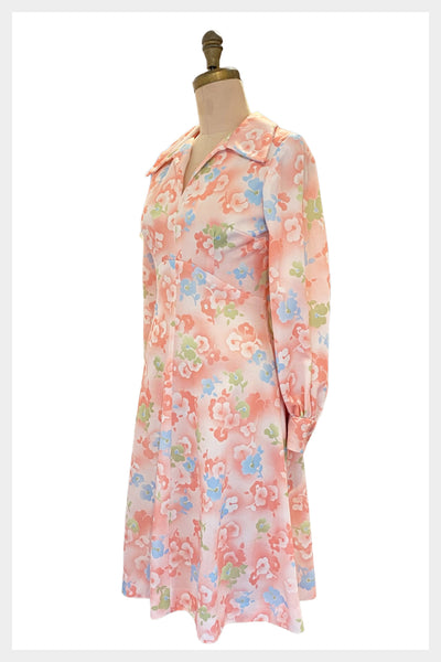 Vintage 1970s pastel peach floral dress | summer wear to work office appropriate dress | size medium