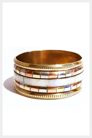 Vintage boho chic brass cuff | 1970s tri-metal geometric design bracelet | shell inlay