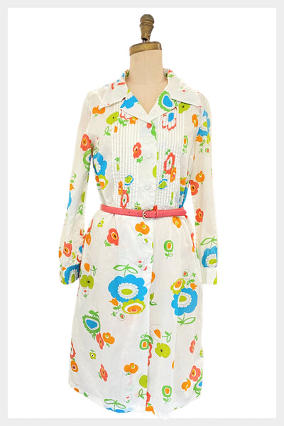 1970s Tanner of North Carolina flower power shirtdress with pintuck pleated bodice | size medium
