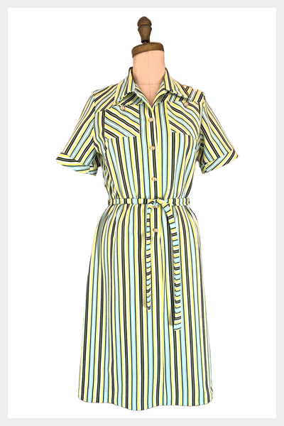 1970s striped shirt style yellow, blue, green and white striped belted dress | size small-medium