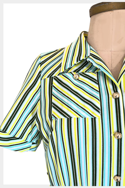 1970s striped shirt style yellow, blue, green and white striped belted dress | size small-medium
