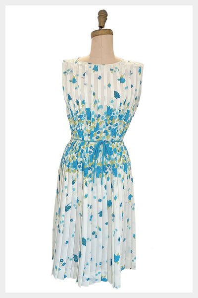 1960s floral fit & flare R&K Originals blue and white floral day dress | size medium