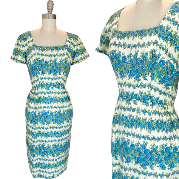 1960s Nat Kaplan blue and white floral print wiggle dress w rhinestones and beads | size small