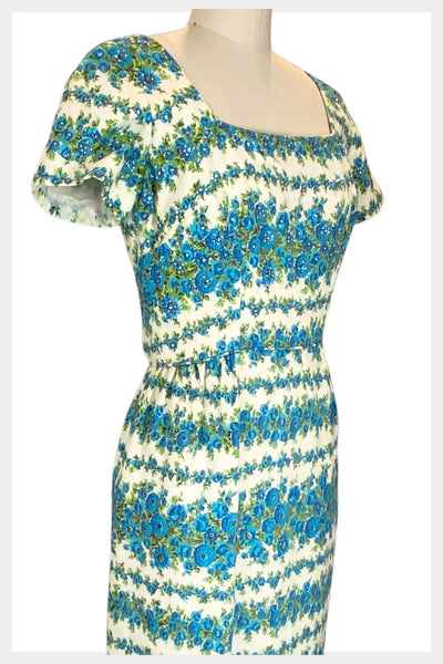 1960s Nat Kaplan blue and white floral print wiggle dress w rhinestones and beads | size small