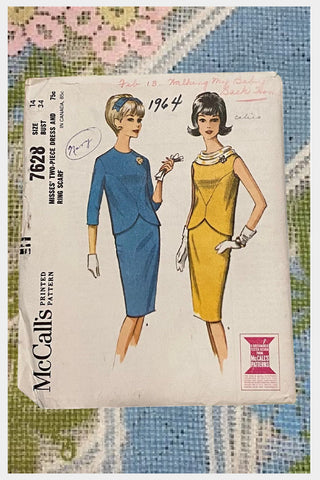 1960s McCall’s 2-piece dress sewing pattern 7628 60s pattern Jackie Kennedy style | Bust 34, size 14 | complete, uncut, factory folded