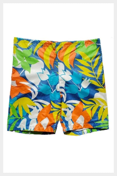 1960s tropical print swim shorts | BOY SHORTS Unisex trunks | waist 34”
