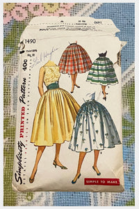 1950s skirt Simplicity sewing pattern 1490 | 50s Junior and Misses gathered full skirt, cummerbund pattern | Waist 23.5 XXS | Complete
