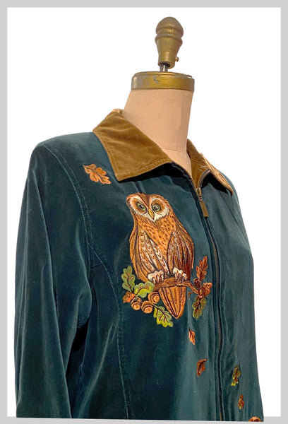 1990s Bob Mackie Wearable Art lightweight velvet green and brown coat with embroidered owl and squirrel | size small to medium