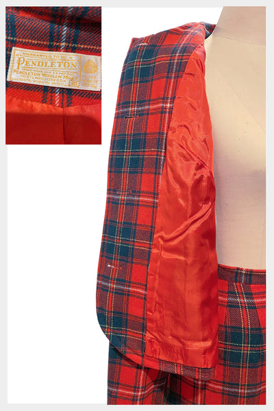 1960s red plaid Pendleton Woolen Mills blazer jacket with matching skirt set | Size small