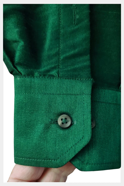 1980s mens fashion Silk Line green coloured silk button disco long sleeve shirt | size 40