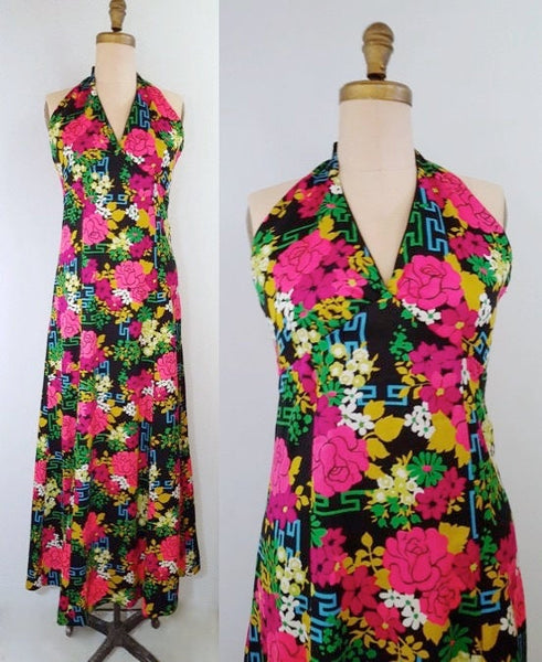 Modern garden art | vintage 1970s maxi | 70s floral halter dress