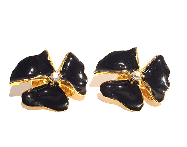 1960s black enamel floral rhinestone centre clip on earrings