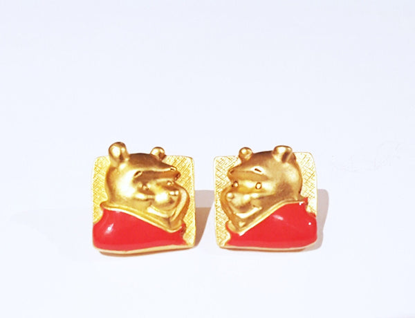 Vintage Disney themed Winnie the Pooh gold tone red shirt pierced earrings