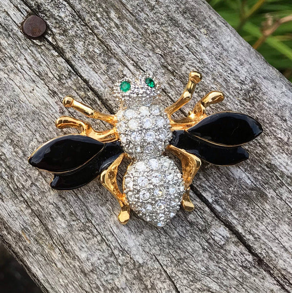 Beautiful Bee | vintage bumble bee enamel and crystal rhinestone pin | bee brooch