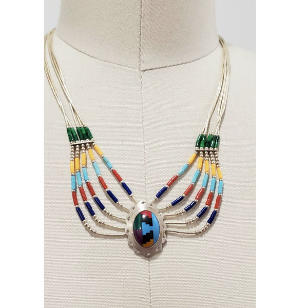 Vintage Native American Zuni Style Liquid Sterling Silver 5 Strand Necklace w Multi Stone Pendant