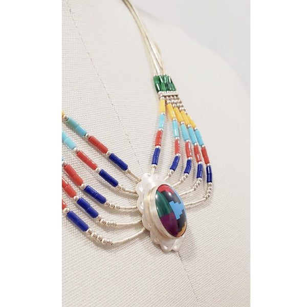 Vintage Native American Zuni Style Liquid Sterling Silver 5 Strand Necklace w Multi Stone Pendant