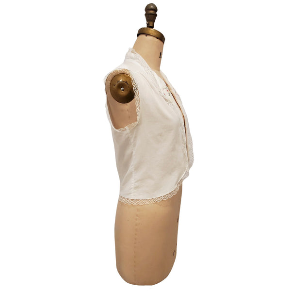 1970s white cotton w lace trim & embroidered lapels vest | medium