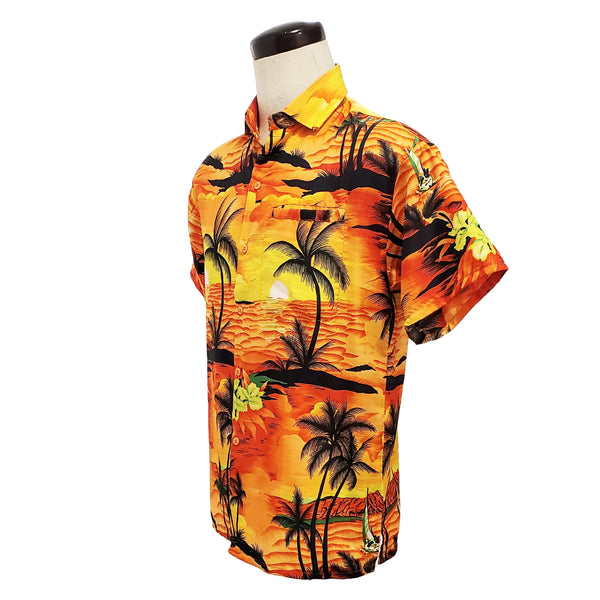 1990s sunsets, sailboats and palm trees orange Rina Hawaiian shirt | Mens small