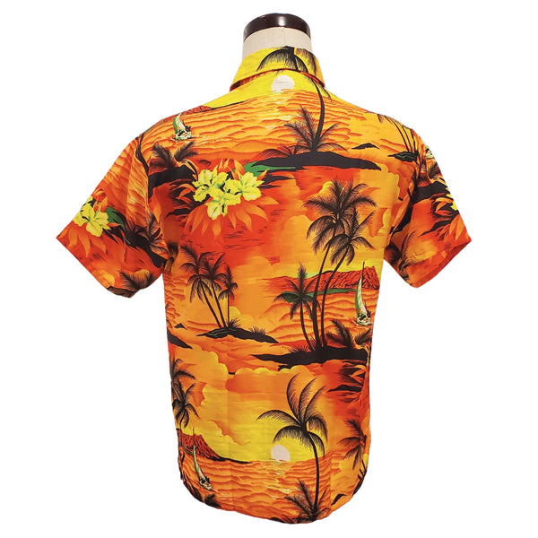 1990s sunsets, sailboats and palm trees orange Rina Hawaiian shirt | Mens small