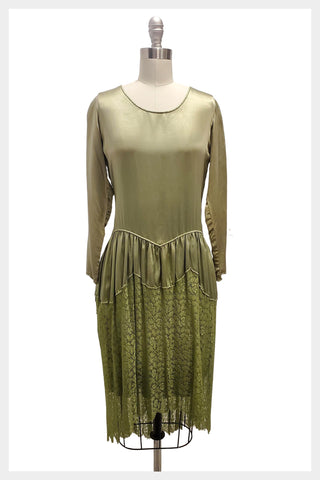 1920s green silk and lace dress | 20s Art Deco drop waist dress with tiered silk & lace | size small