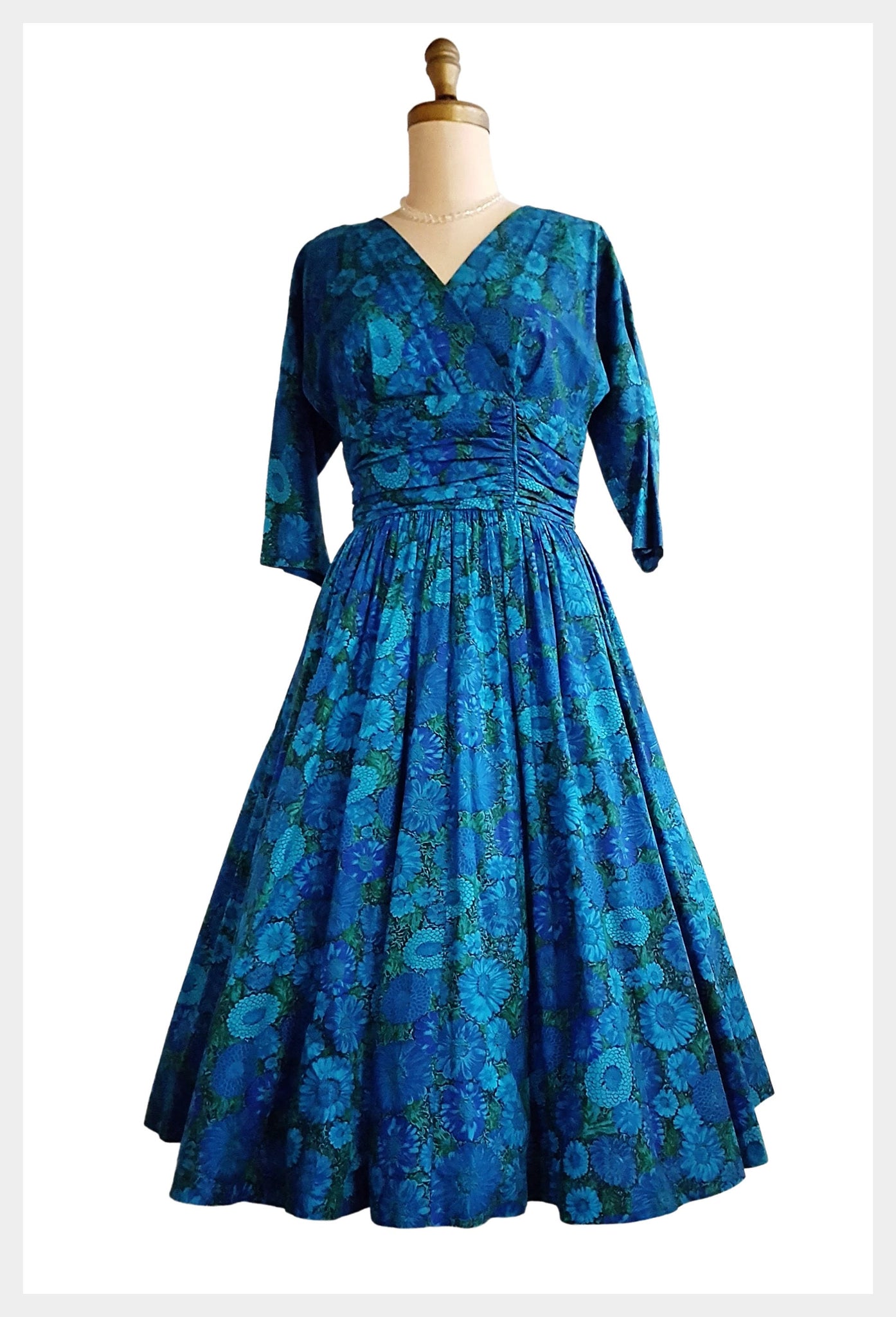 1950s blue floral cotton full skirt dress size medium