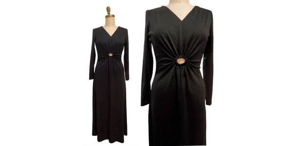 1970s black peek-a-boo maxi dress | medium