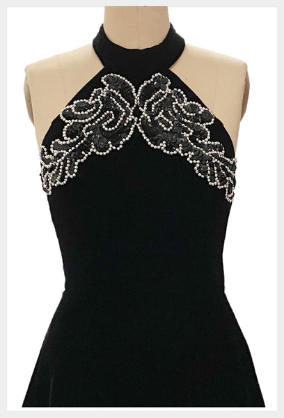 1980s ALGO Boutique black velvet and sequin halter dress  | small