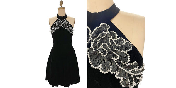 1980s ALGO Boutique black velvet and sequin halter dress  | small