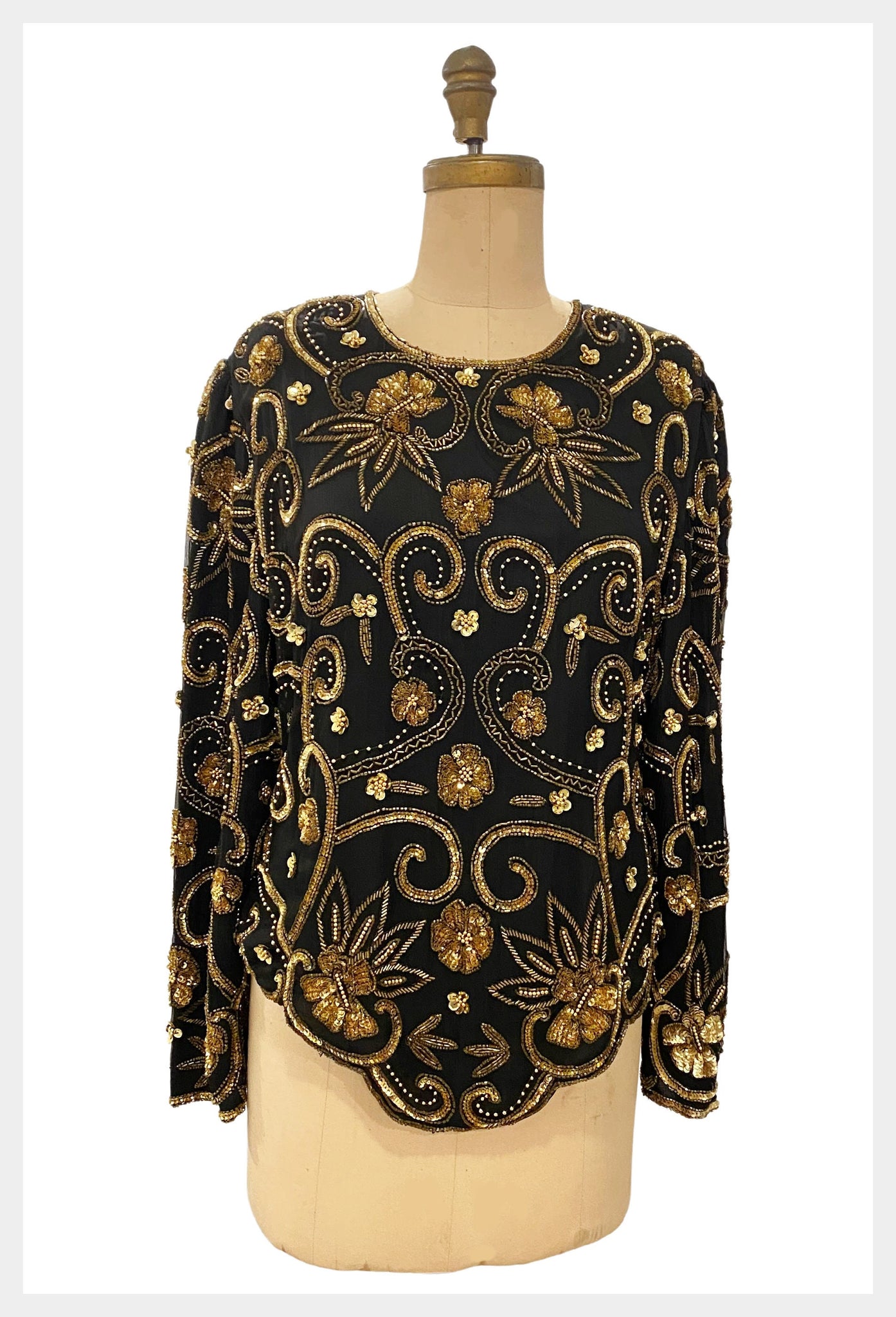 Shimmer and sparkle | 1980s SCALA designer black party top with gold beads & sequins | size medium to large