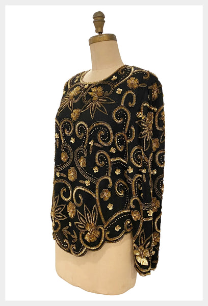 Shimmer and sparkle | 1980s SCALA designer black party top with gold beads & sequins | size medium to large