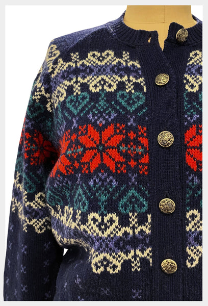 1970s Nordic style poinsettia and heart design cardigan | large - xlarge
